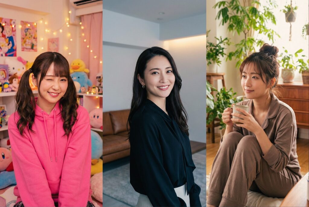 タイプの異なる3人の日本人チャットレディ（親しみやすい可愛い系、落ち着いた美女系、柔らかな癒やし系）が笑顔でライブ配信をしている様子