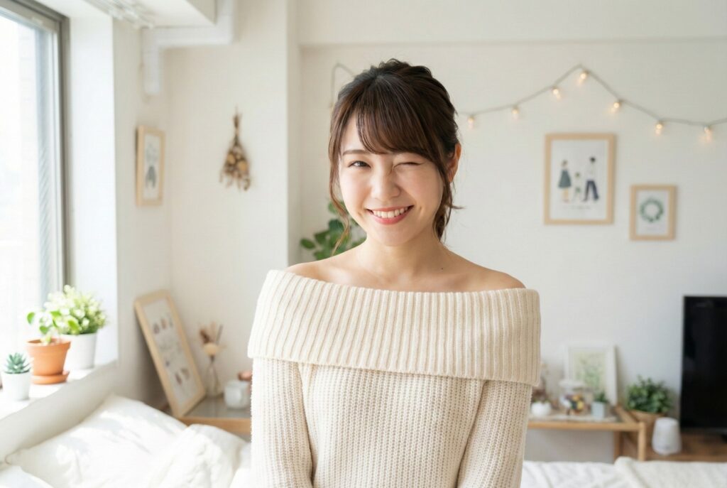 明るい部屋で、今風のおしゃれなメイクとファッションをした20代の日本人女性が、カメラに向かってキュートにいたずらっぽいウィンクをしている。