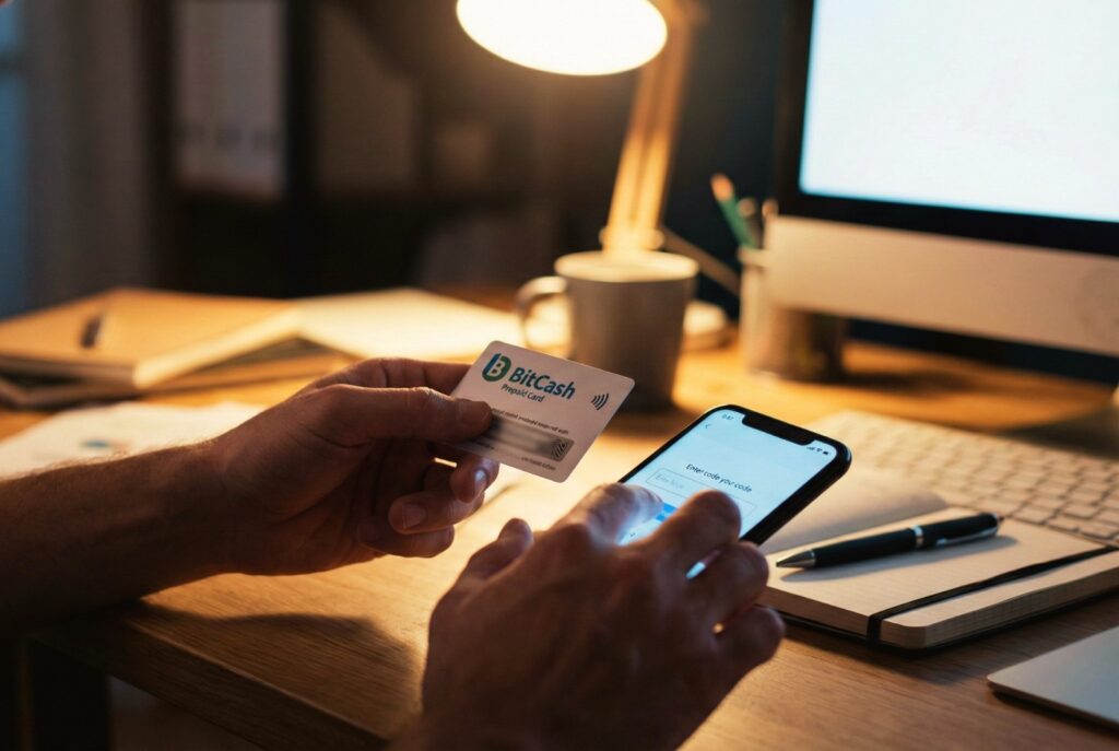 自分の部屋で、BitCashカードとスマホを並べて操作する男性の手元。プライバシーを守りながら楽しむ準備をしている様子。