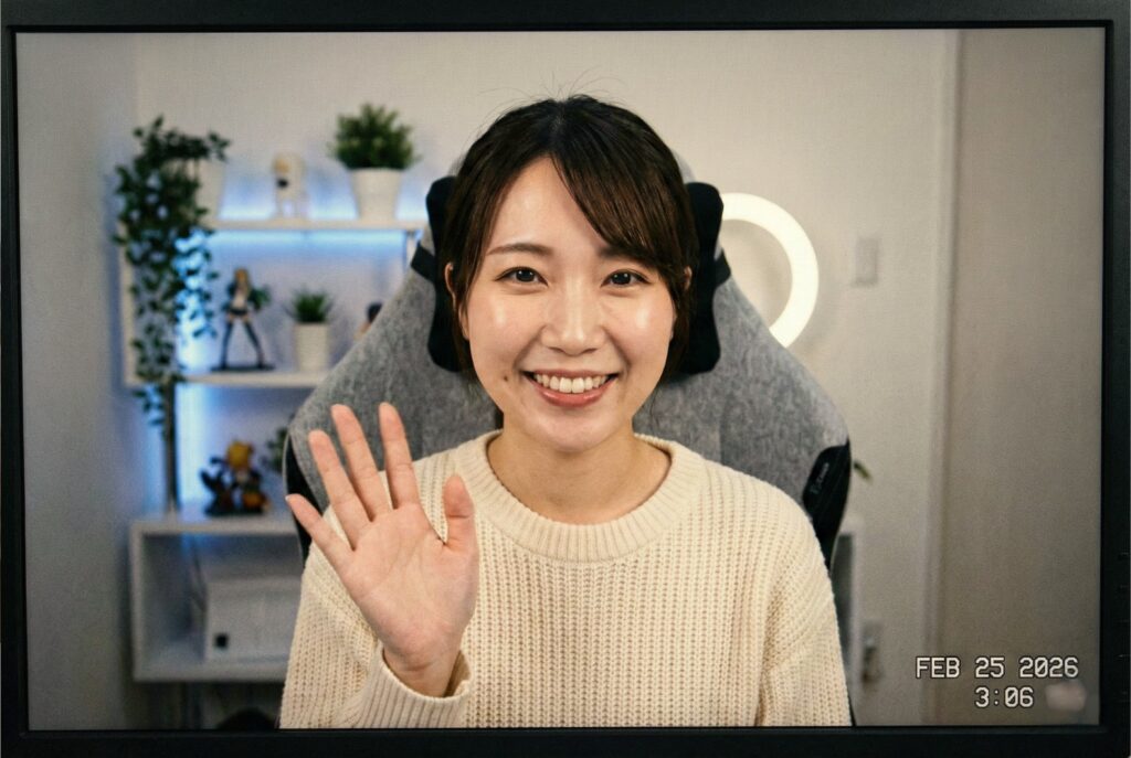 配信部屋で笑顔で手を振る日本人チャットレディのバストアップ写真。