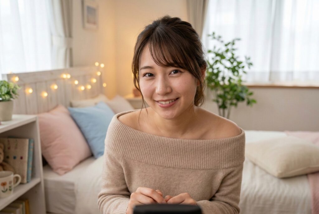 笑顔でイベントの告知をする親しみやすい雰囲気の日本人チャットレディ