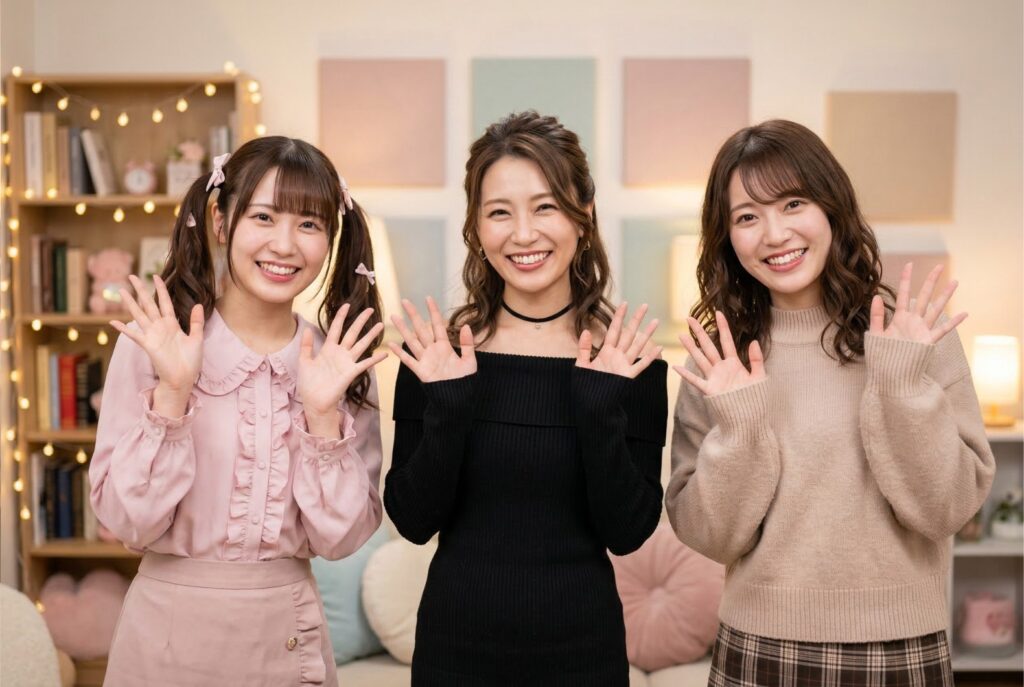 カメラに向かって笑顔で手を振る3人の華やかな日本人チャットレディ。明るい配信スタジオ風の部屋が背景。