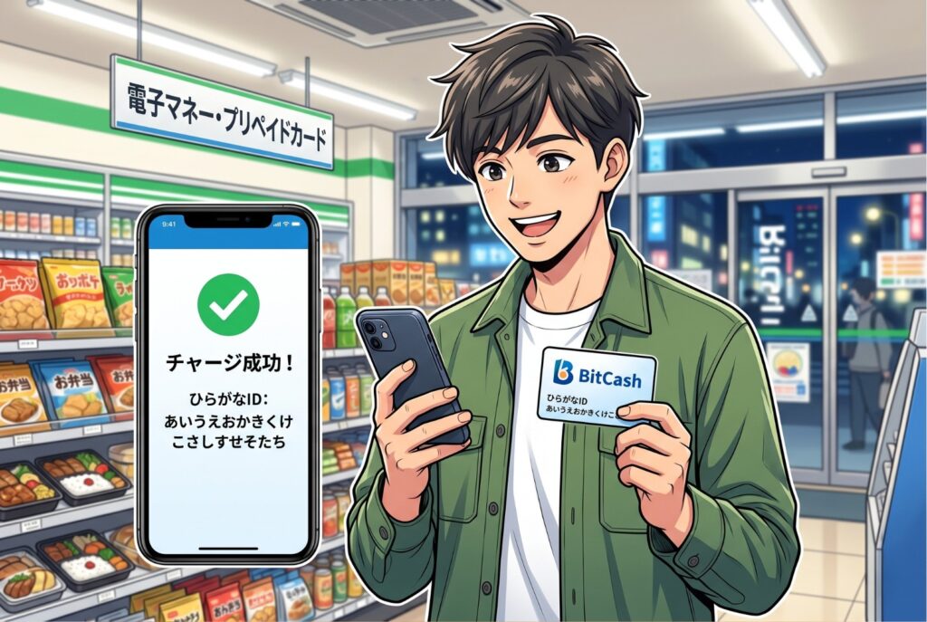 コンビニでひらがなIDによるBitCash（ビットキャッシュ）のチャージに成功した様子のイラスト