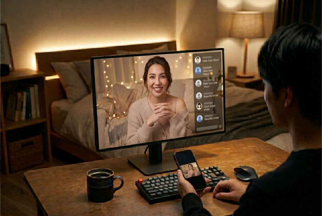 大画面モニターに見入る男性の背後視点。モニターには笑顔の女性が鮮明に映り、手元のスマホ画面に彼女が小さく映ることで、大画面の没入感を表現。