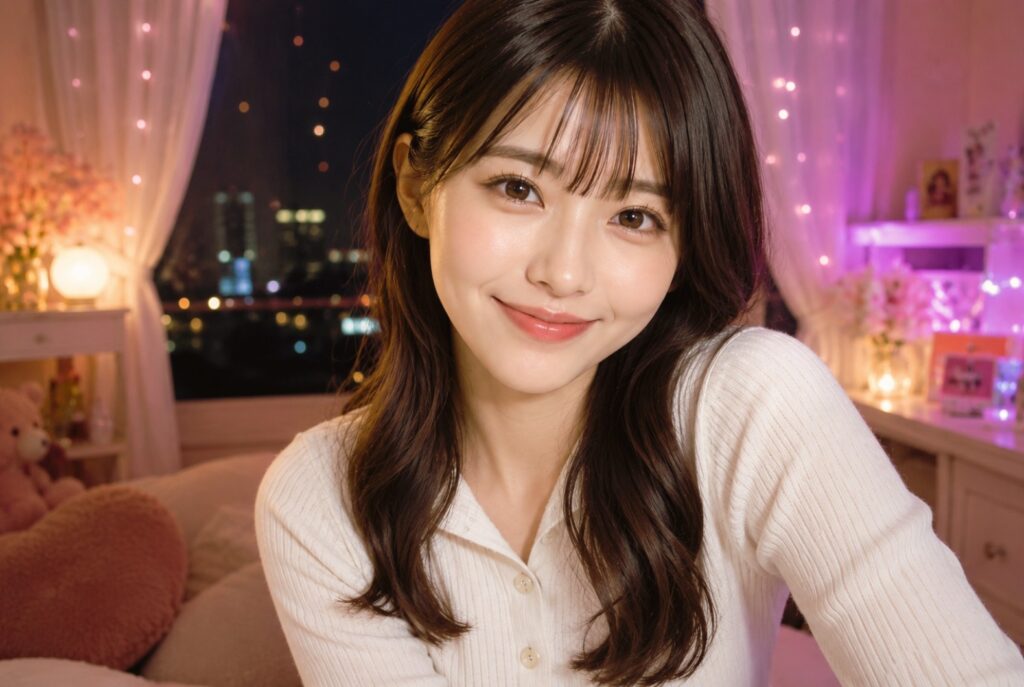 間接照明が彩るチャットルームで、楽しい時間を予感させるような笑顔でカメラを見つめるチャットレディ。