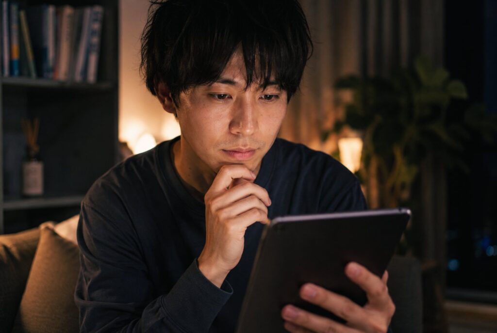 夜の部屋でタブレットを見ながらお気にいりチャトレのスケジュールを確認する男性