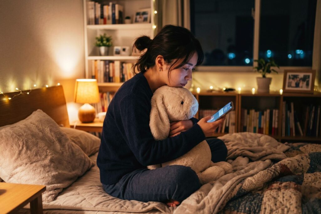 夜の自室のベッドでクッションを抱きしめ、少し寂しげな表情でスマートフォンの画面を見つめる20代半ばの可愛い日本人女性。