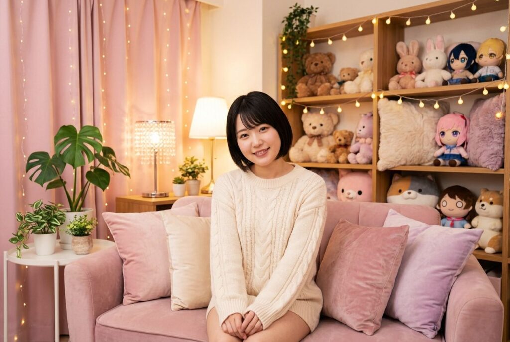 きらびやかで居心地の良い部屋のソファに座り、カメラに向かって優しく微笑むボブヘアの日本人チャットレディ。