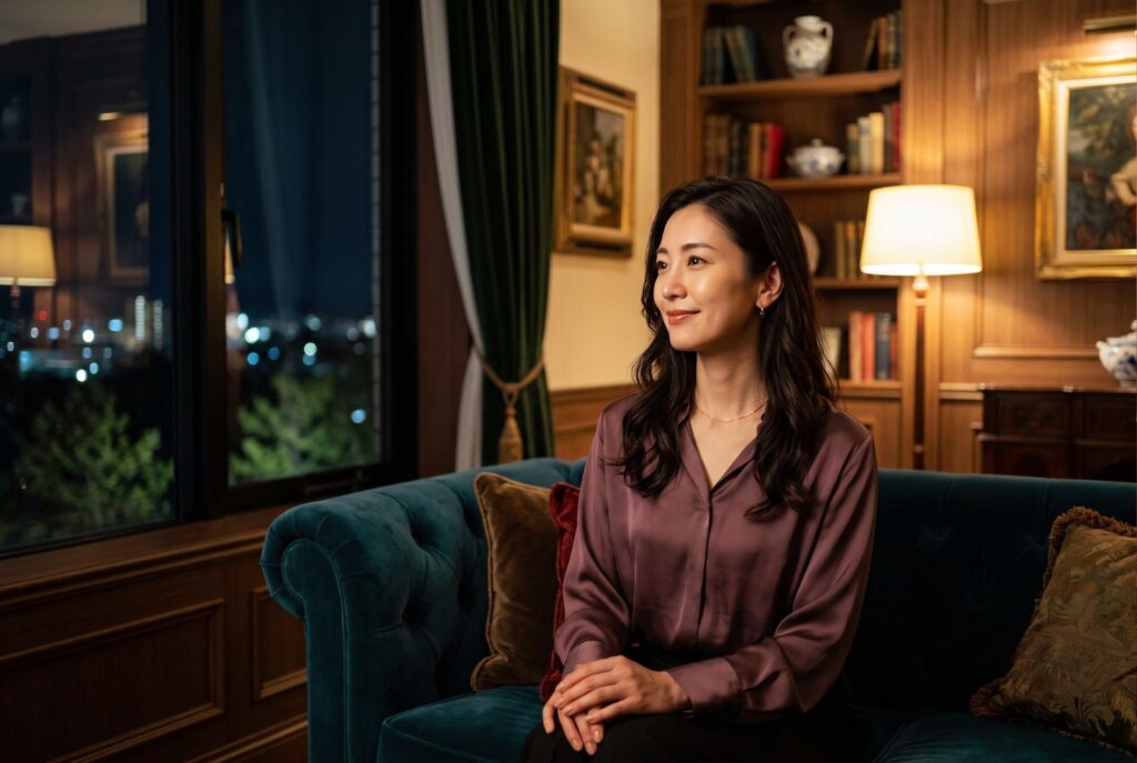 洗練された雰囲気の配信部屋で、優雅に座り、窓の外を眺めて微笑む30代の日本人チャットレディ。