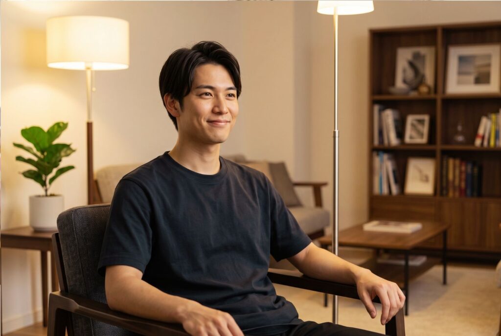 落ち着いた雰囲気の部屋で、スマートに会話を終えて満足そうに微笑む日本人男性。