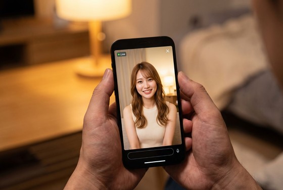 スマートフォン画面越しに笑顔で語りかける、親しみやすい雰囲気のチャットレディ。