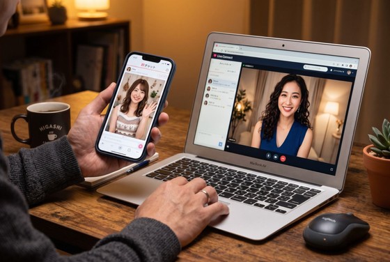 スマートフォンとノートパソコンの画面越しに、異なるタイプのチャットレディを比較している男性ユーザー。