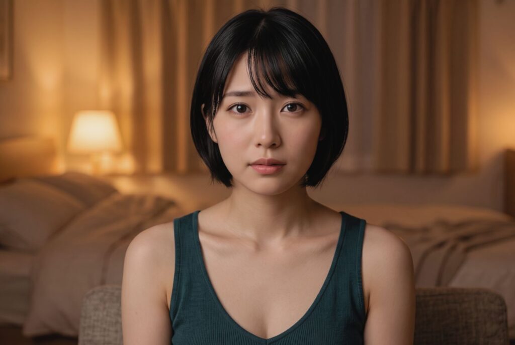 温かみのある自室で、ログインしすぎている画面の向こうの相手を、眉を寄せて真剣に心配する黒髪ショートボブのチャットレディ。